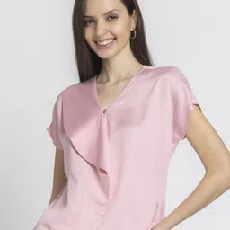 SHAYE Women Pink V-Neck Solid Short Sleeves Casual Tops-picture-39