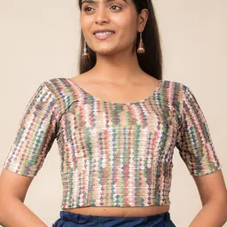 Bindigasm's Advi Printed Velvet Zari Stripes Stretchable Slip On Saree Blouse-image-17
