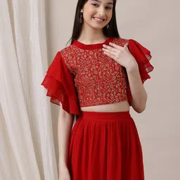 Inddus Girls Embroidered Sequinned Ready to Wear Lehenga & image 3