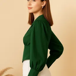 RARE Women Lapel Collar Cuffed Sleeves Top image 5