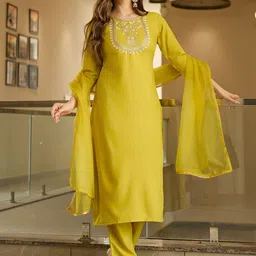 PARNAVI Women Ethnic Motifs Embroidered Kurta with Trousers & Dupatta image 5