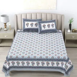Wayne Martin White & Blue Floral 300 TC Pure Cotton King Bedsheet With 2 Pillow Covers-image-49