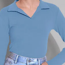 Maheshvi Top-26-Apple-SkyBlue Women Shirt Collar Long Sleeves Fitted Top image 3
