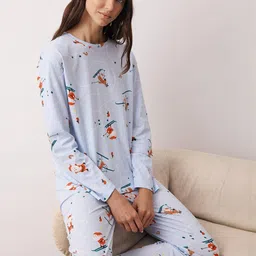 Trendyol Women Printed Pure Cotton T-shirt & Pyjamas Nightsuit image 2