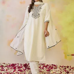 Indo Era Women Ethnic Motifs Embroidered Regular Thread Work Kurta with Trousers & With Dupatta-picture-20