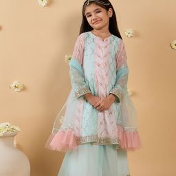 pspeaches Girls Ethnic Motifs Embroidered Angrakha Sequinned Kurta with Sharara & With Dupatta-picture-9