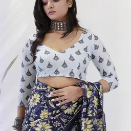 Moda Rapido Women Blue Printed Pure Cotton Designer Block Print Saree image 4