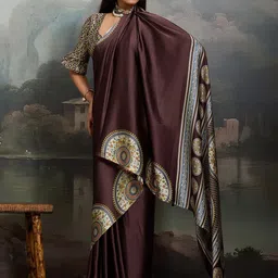 House of Pataudi Satin Block Print Saree With Blouse Piece image 5