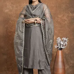 HERE&NOW Round Neck Gotta Patti Straight Kurta With Palazzos & Dupatta-picture-16