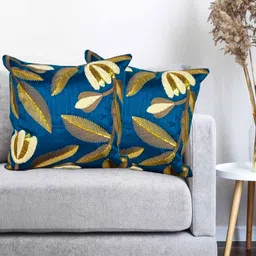 Vinayaka Fab Green & Blue 2 Pieces Floral Embroidered Silk Square Cushion Covers-image-5