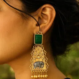 ZEVAR CLUB Oxidised Gold & Silver-Tone Elephant Motif Earring with Green Top & Pearl Drops-picture-10