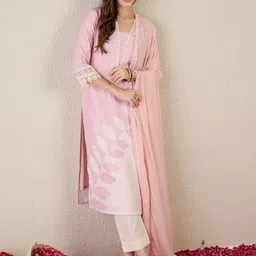 Indo Era Women Floral Printed Regular Thread Work Linen Kurta with Trousers & With Dupatta image 4