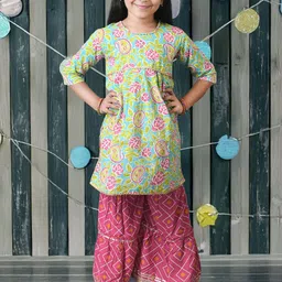 Kids On Board Girls Floral Printed Pure Cotton A-Line Kurta With Sharara-picture-21