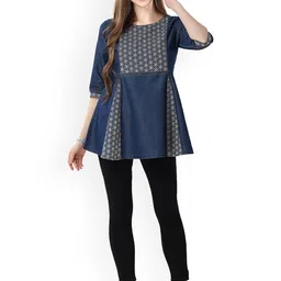 keshubaba Floral Printed A-Line Denim Kurti image 1