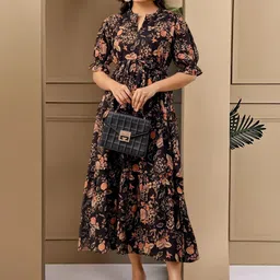 CORSICA Floral Print Puff Sleeve Crepe A-Line Midi Dress image 3