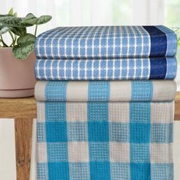 Athom Living White & Blue 4 Pieces Checked Cotton 210 GSM Bath Towels-picture-4
