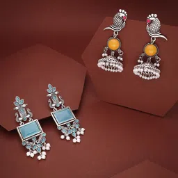 Sangria Set Of 2 Silver-Plated Artificial Stones Studded and Beads Beaded Drop Earrings-picture-33
