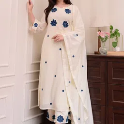 KALINI Floral Embroidered Sequinned V-Neck Kurta with Trousers & Dupatta-picture-30