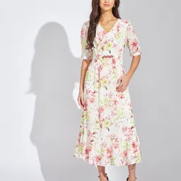 Latin Quarters Floral Printed V-Neck Fit & Flare Midi Dress-picture-42