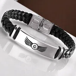 M Men Style G Letter Printed Stainless Steel & Braided Leather Wraparound Bracelet image 5