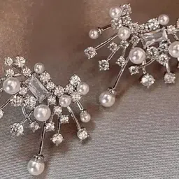 SUYUG Silver-Plated Artificial Stones Studded & Pearls Beaded Contemporary Studs image 2