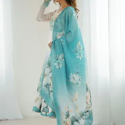 SWEETPEL Floral Printed Empire Anarkali Kurta With Trousers & Dupatta image 4