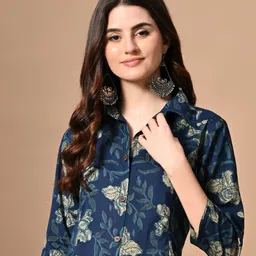 DORIYA Floral Printed Shirt Collar Three-Quarter Sleeves Top & Trouser image 1