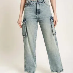 Bene Kleed Light Blue Cotton Relaxed Fit High Rise Cargo Jeans-image-86