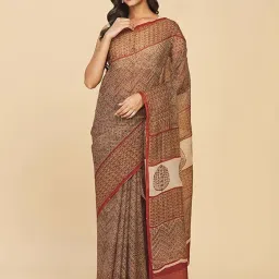 Fabindia Beige Printed Saree Without Blouse image 1
