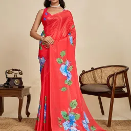 Anjaneya Sarees Red Woven Polyester Printed Designer Saree With Unstitched Blouse image 1