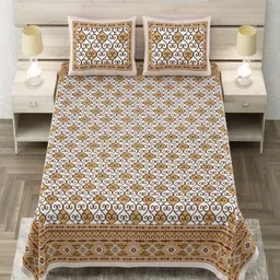 Aapno Rajasthan Yellow & White Ethnic Motifs 144 TC King Bedsheet with 2 Pillow Covers-image-57