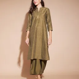 Pink Fort Olive Green Geometric Kurta image 1