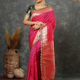Satrani Pink Silk Woven Saree With Unstitched Blouse image 1