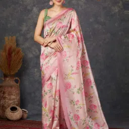 Satrani Pink Floral Print Saree With Unstitched Blouse image 1