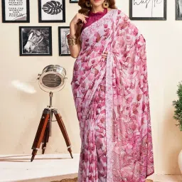 Satrani Pink & White Printed Saree With Unstitched Blouse image 1