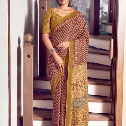 Satrani Brown & Cream Pure Cotton Printed Saree With Unstitched Blouse image 1