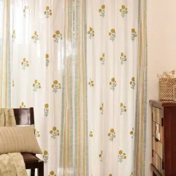 Peepul Tree White & Mustard Pure Cotton Marigold Collection Sheer Curtain image 1