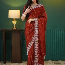 Satrani Red Georgette Embellished Saree With Unstitched Blouse-image-62