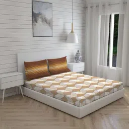 Layers Lombardy Geometric Brown 140 TC Cotton Queen Bed Sheet with 2 Pillow Covers-image-35