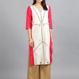 W Off White Round Neck Printed Kurta image 1