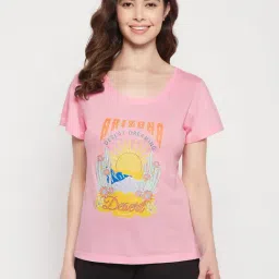 Clovia Pink Cotton Graphic Print T-Shirt-image-24