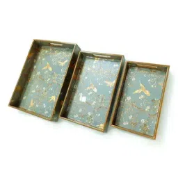 CasaGold Grey Bird Resin Printed Wooden Tray- Set of 3 image 2