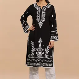 house of kari Saba Chikankari Long Kurta In Modal Silk - Black image 1