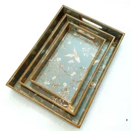 CasaGold Grey Bird Resin Printed Wooden Tray- Set of 3 image 5