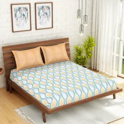 Spaces Atrium Printed Light Blue Cotton Queen Fitted Bed Sheet with 2 Pillow Covers image 2