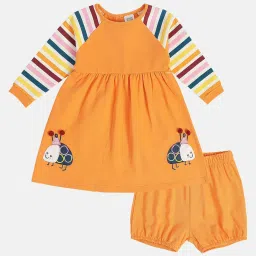 MINIKLUB Girls Orange Striped Full Sleeves Dress with Bloomers image 1