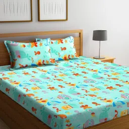 Klotthe Printed Green 210 TC Cotton King Bedsheet with 2 Pillow Covers image 1