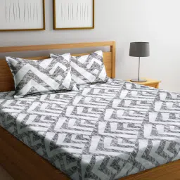 Klotthe Printed Grey & White 210 TC Cotton King Bedsheet with 2 Pillow Covers image 1
