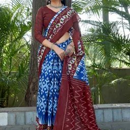 Saree Mall Blue Printed Sarees With Unstitched Blouse image 1