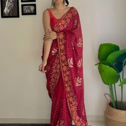 Saree Mall Red Embellished Sarees With Unstitched Blouse image 1